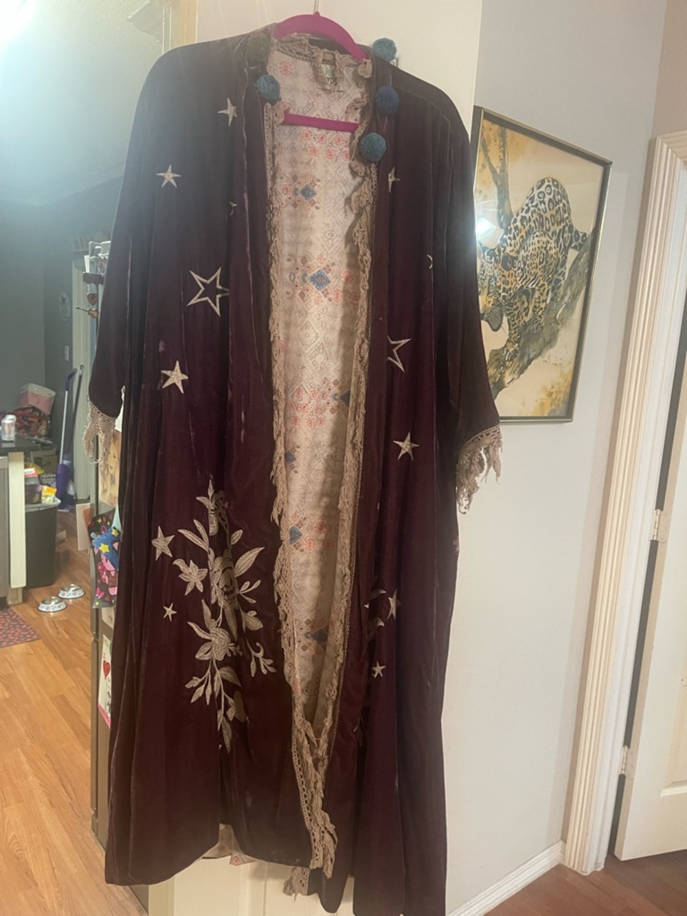 Jaded Gypsy Embroidered Velvet Duster Coat in Deep Plum